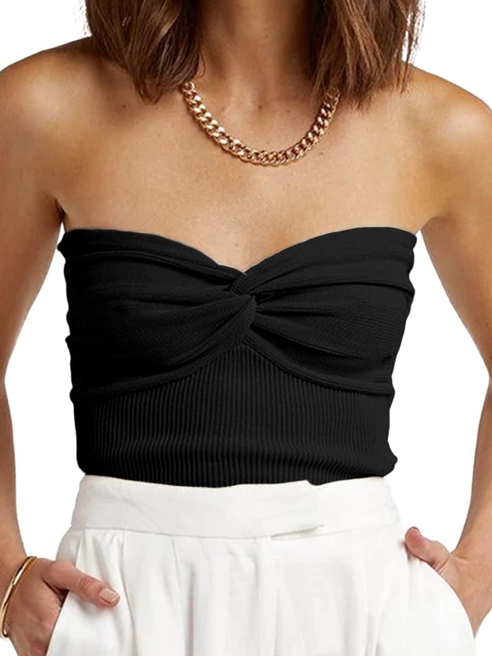 Strapless Twist Front Ribbed Tube Top - Black